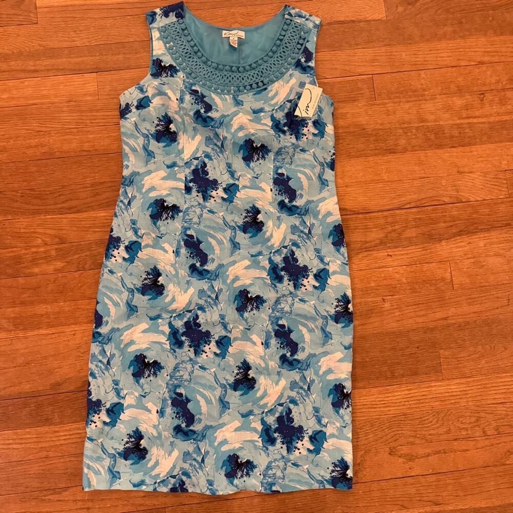 NWT Kim Rogers blue white 100% linen knee length shift dress size 8
 b63